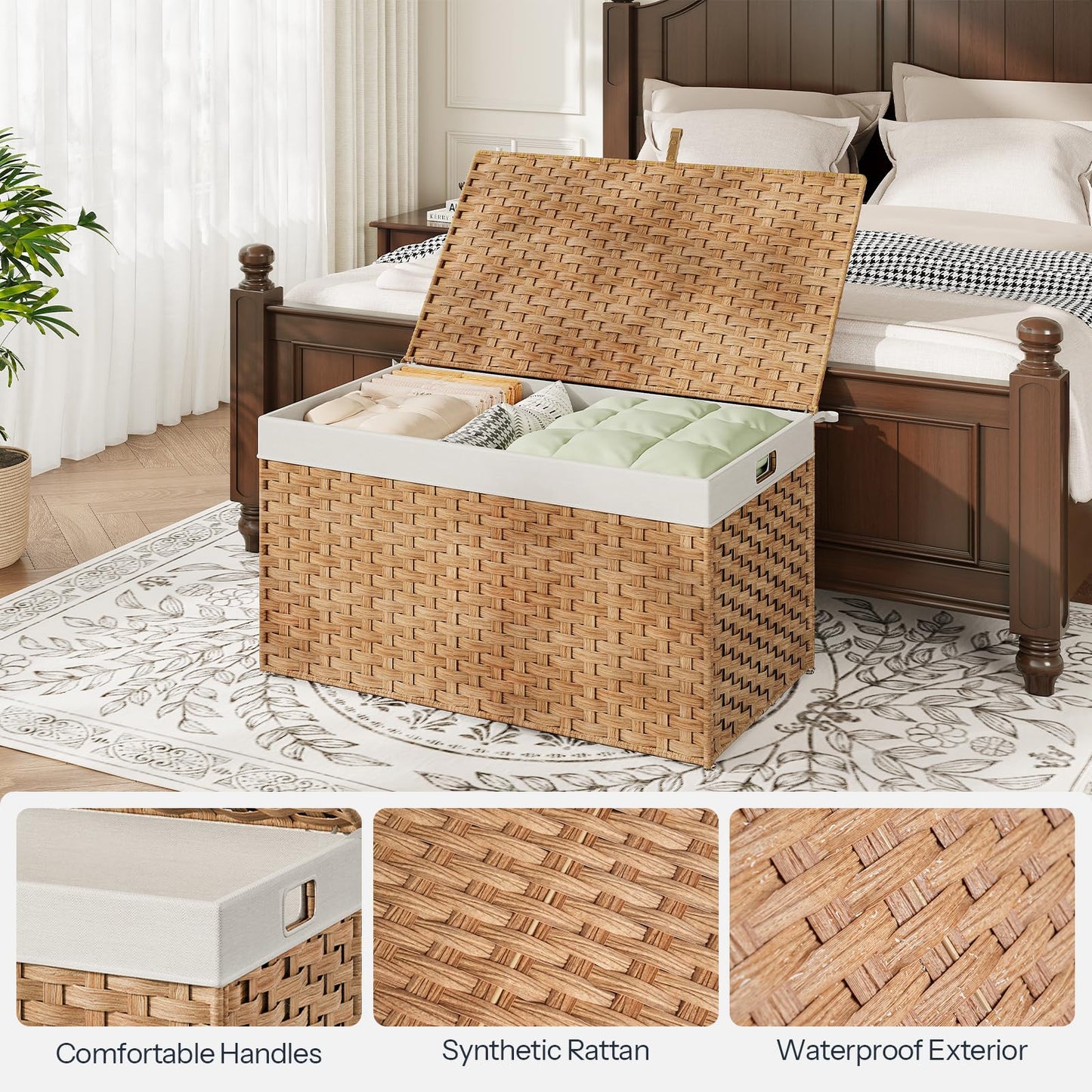 Wicker storage ottoman with white interior in a bedroom setting, showing close-up details of handles and material.