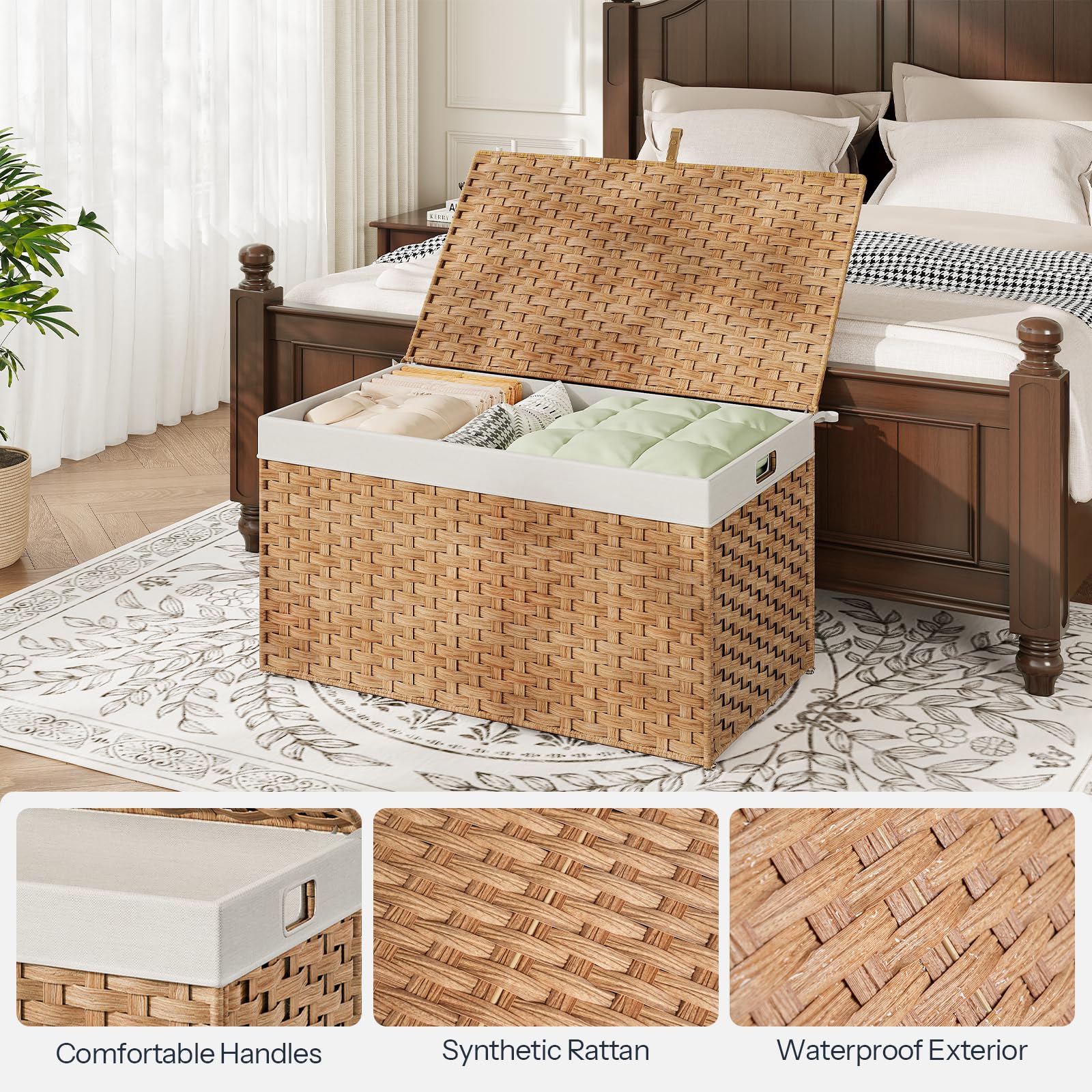 Wicker storage ottoman with white interior in a bedroom setting, showing close-up details of handles and material.