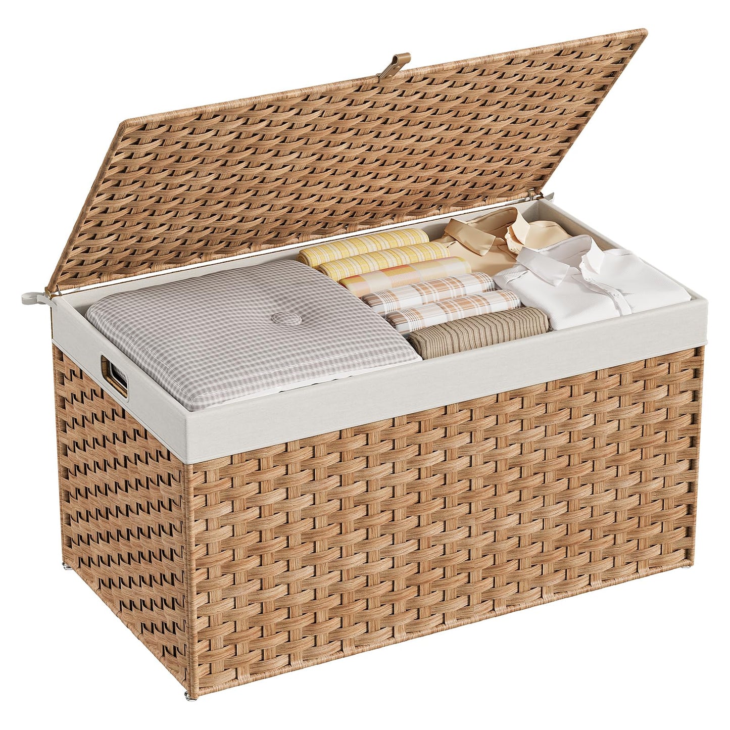 Wicker storage chest with clothes on a white background