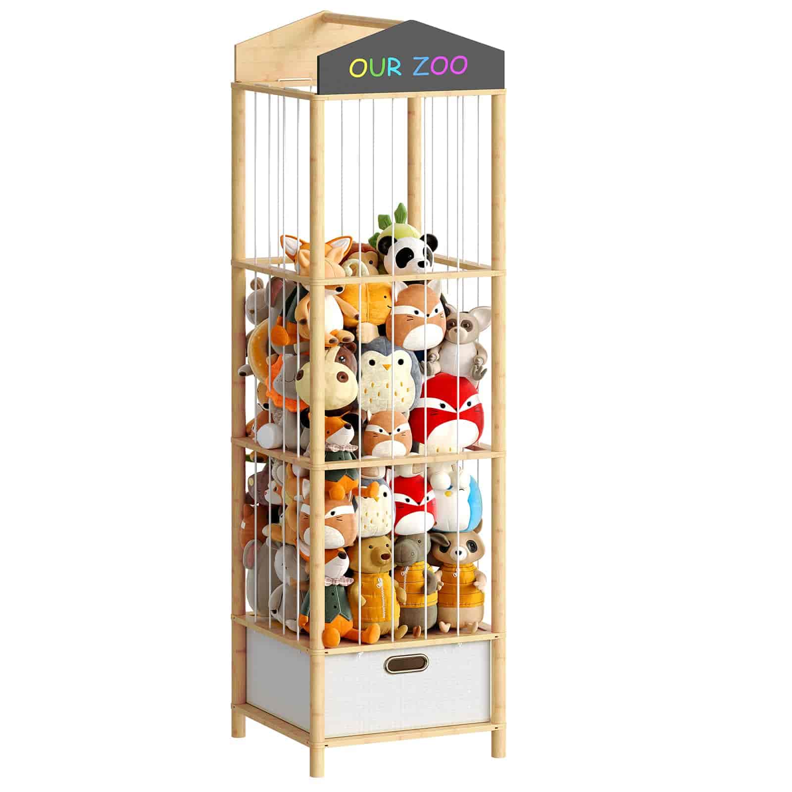 Toy cage with plush animals labeled 'Our Zoo' on a white background