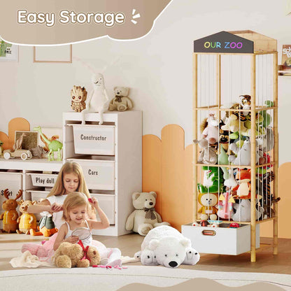 Children playing with toys in a room with storage shelves and a 'Our Zoo' toy organizer.