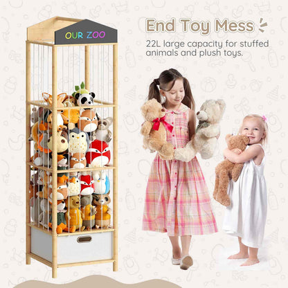 Toy organizer with stuffed animals and two children holding teddy bears on a light background
