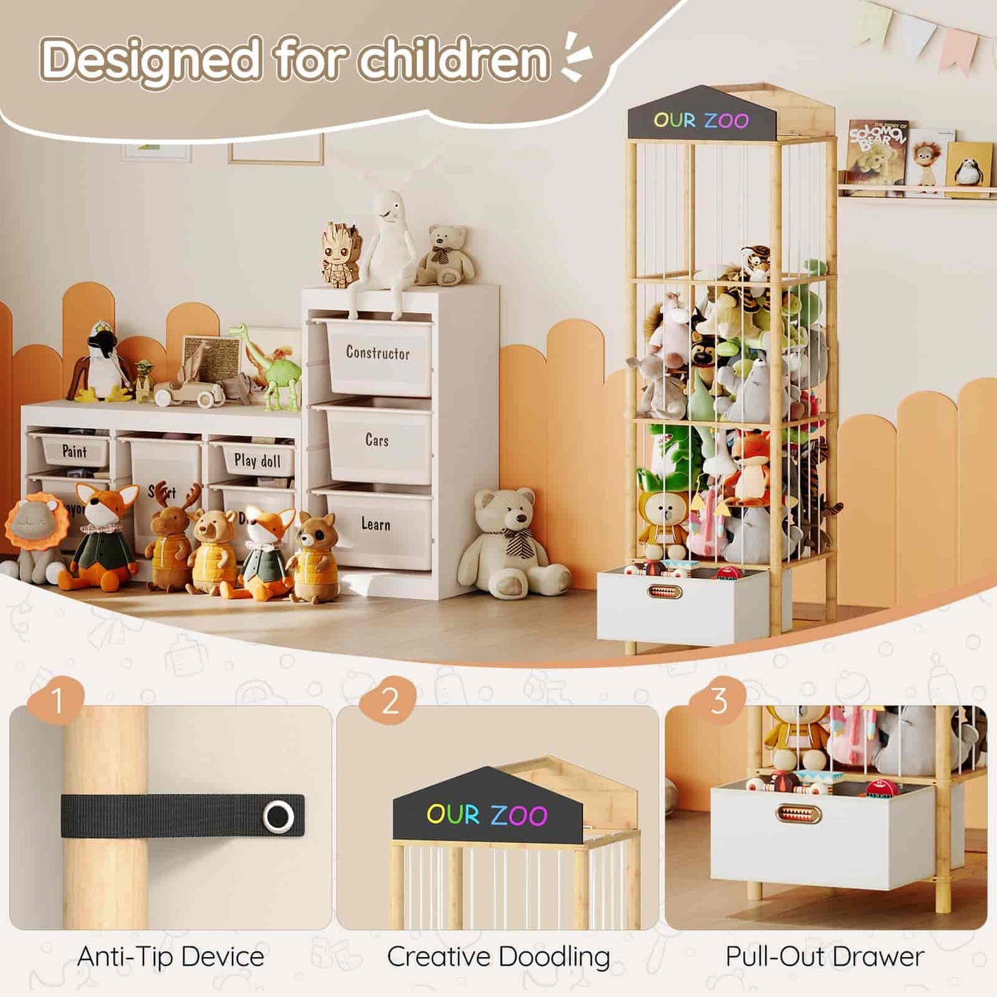 Children's playroom with toy storage and display units, featuring an anti-tip device, creative doodling area, and pull-out drawer.