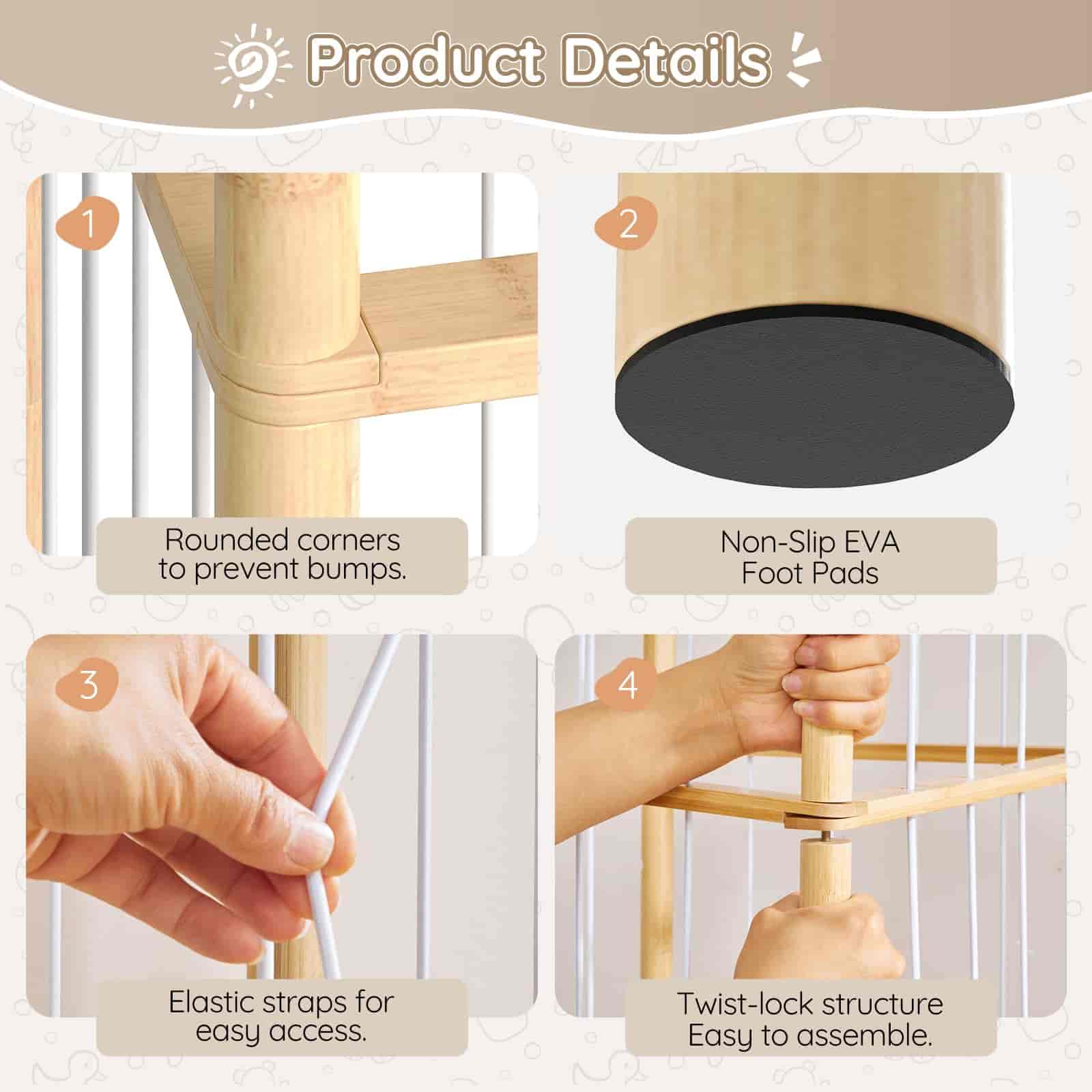 Product details of a wooden crib with features highlighted.