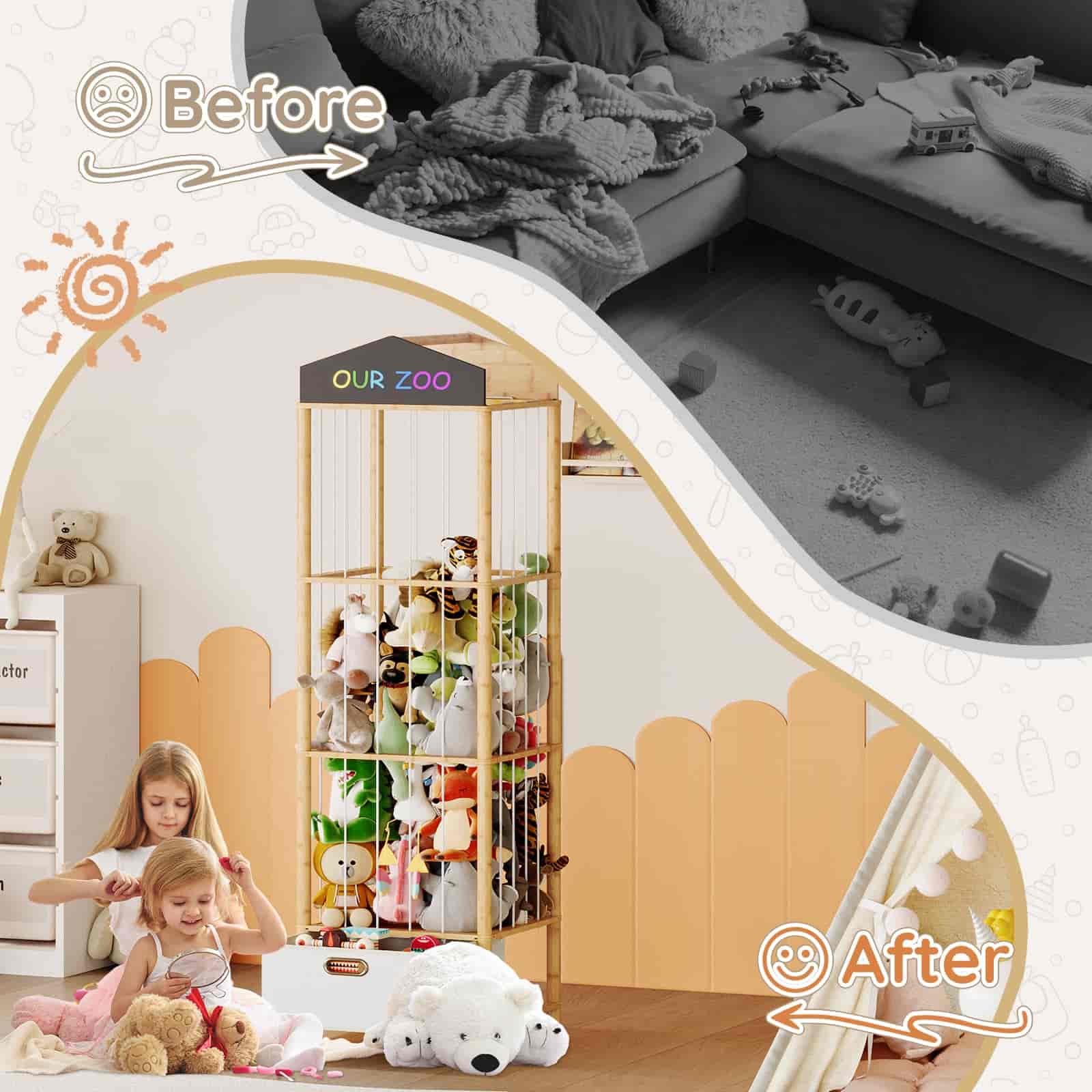 Before and after comparison of a children's room with toys and a toy organizer.