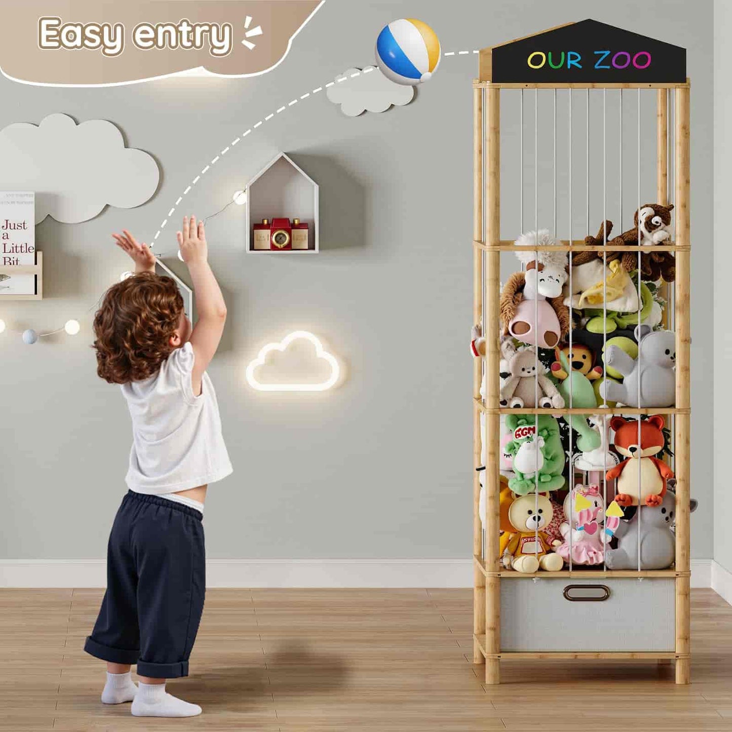Child reaching for a toy on a tall wooden shelf labeled 'Our Zoo' in a room with decorative lighting and wall art.