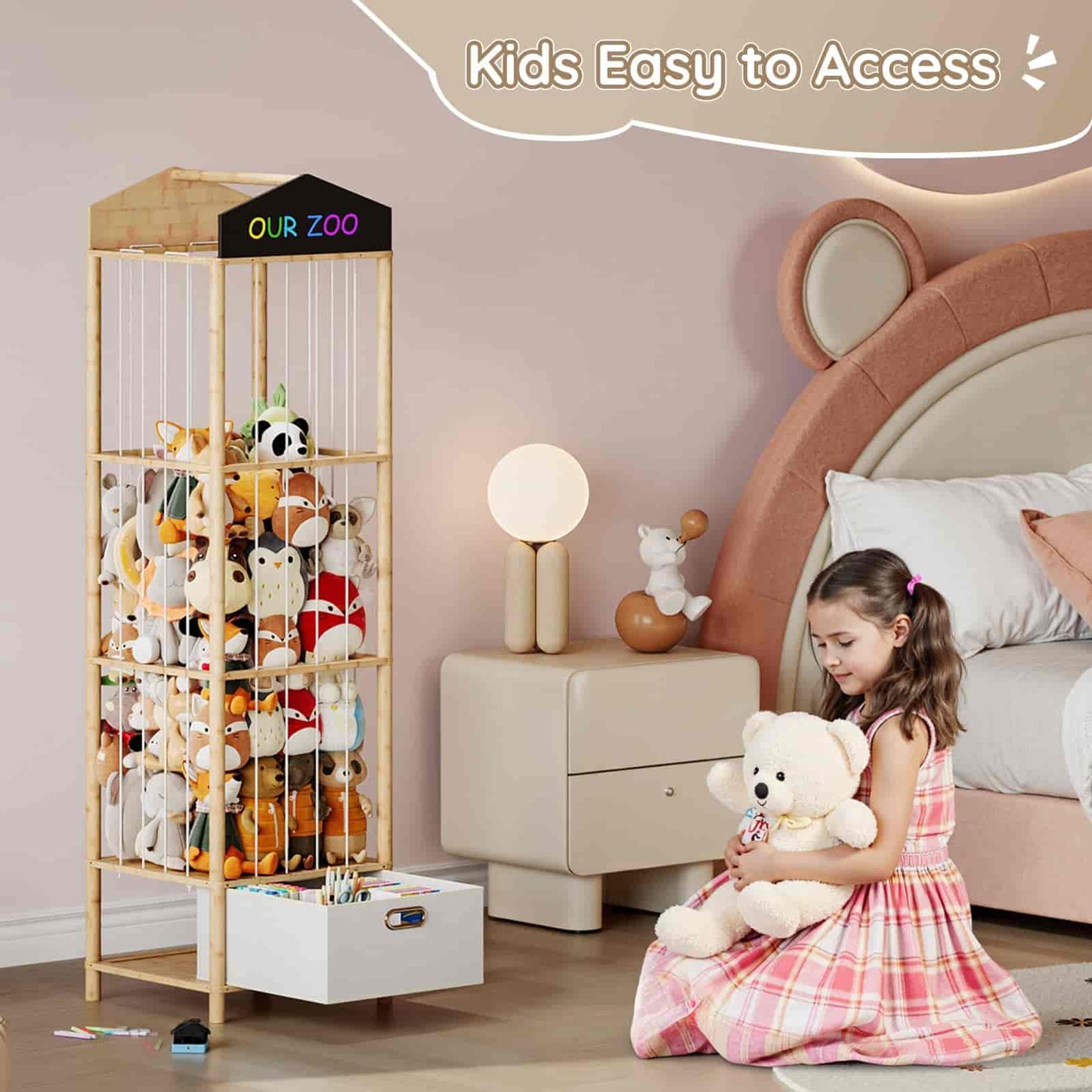 Children's room with a toy organizer, teddy bear, and child sitting on the floor.
