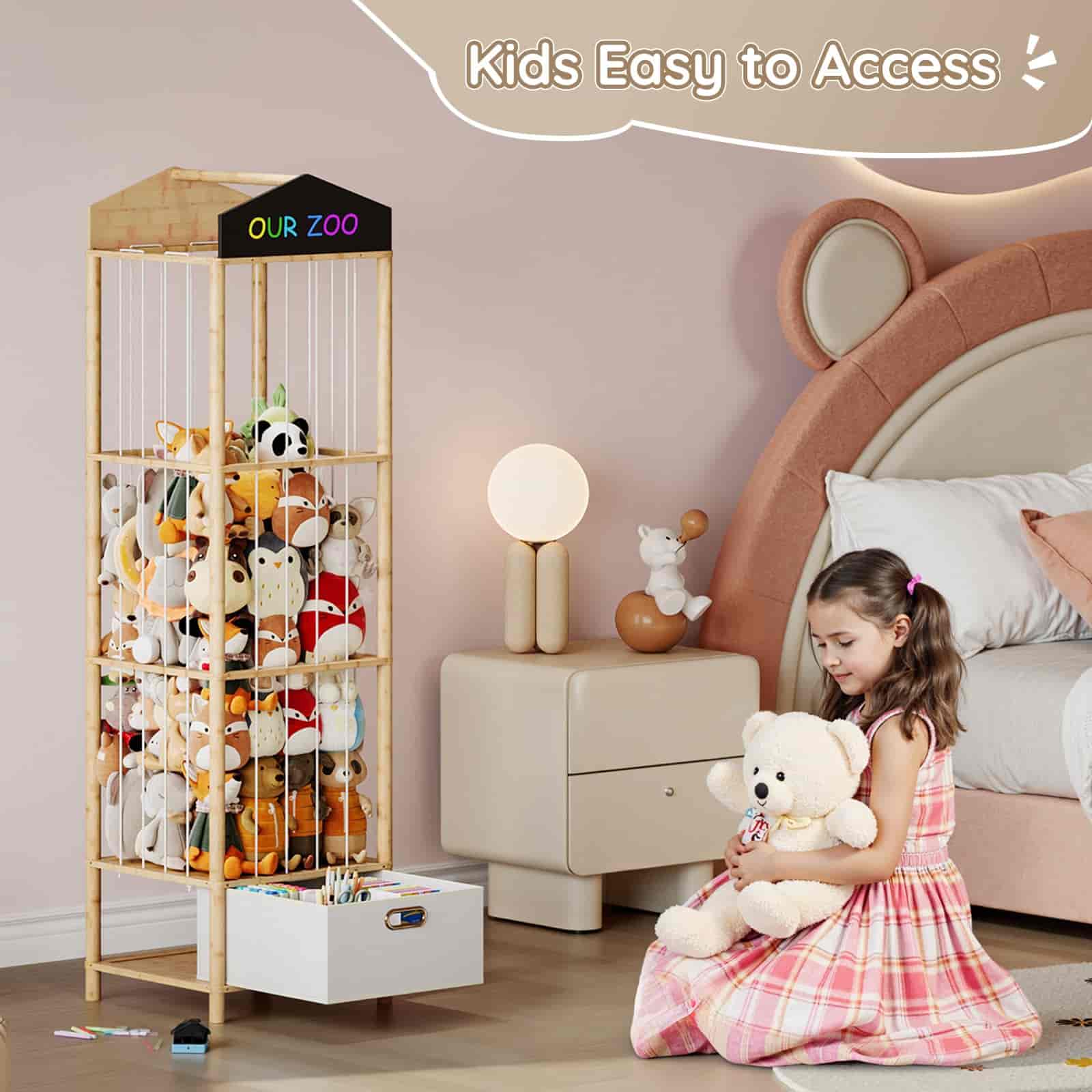 Children's room with a toy organizer, teddy bear, and child sitting on the floor.