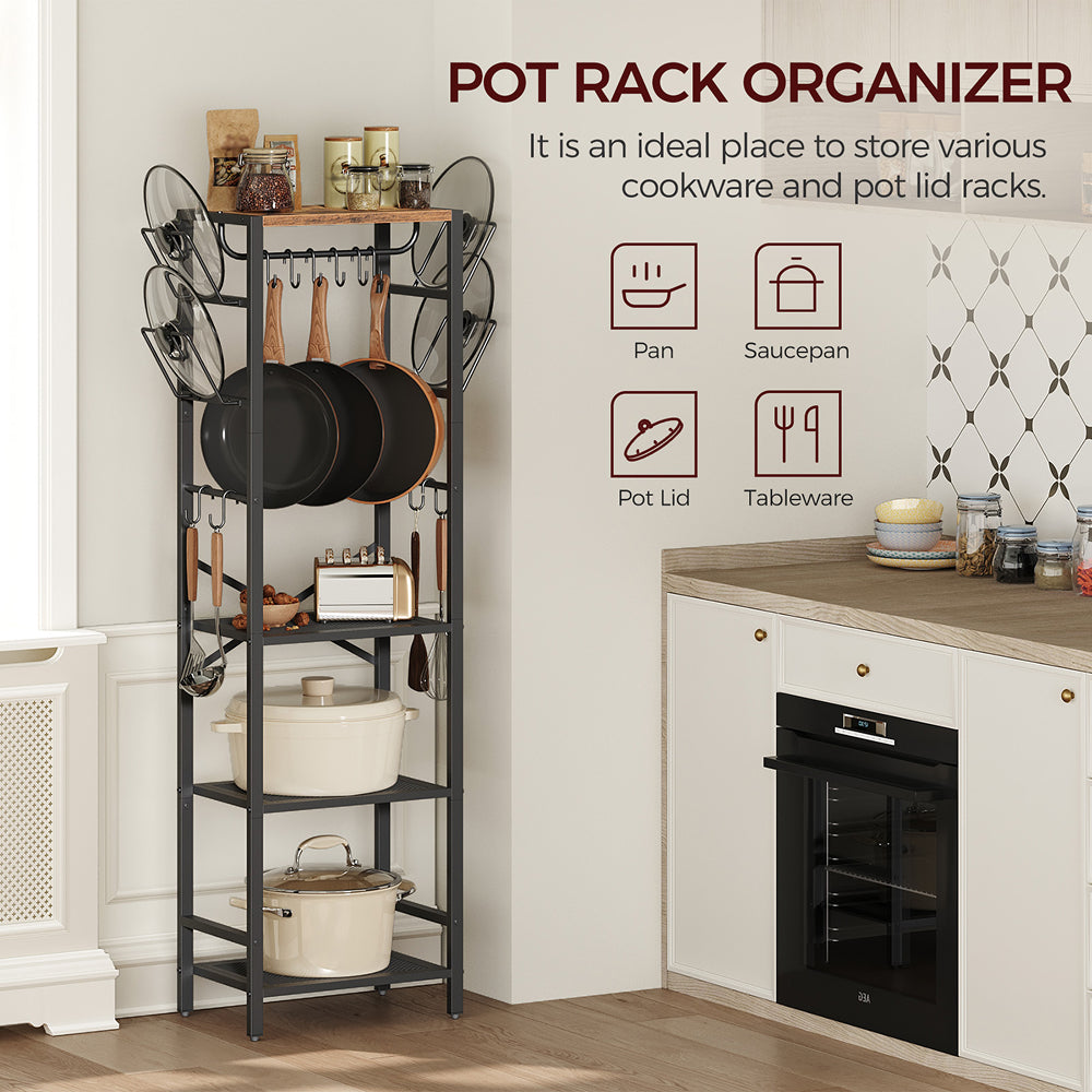 HOOBRO Freestanding Cookware Stand, Rustic Brown and Black POHR3001 4-Tier Pot Rack, Pots and Pans Organizer for Kitchen Corner,Kitchen Storage Rack with U-Shaped Lid Holders,Rustic Brown and Black