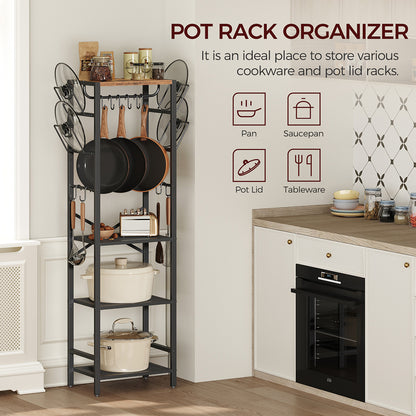 HOOBRO Freestanding Cookware Stand, Rustic Brown and Black POHR3001 4-Tier Pot Rack, Pots and Pans Organizer for Kitchen Corner,Kitchen Storage Rack with U-Shaped Lid Holders,Rustic Brown and Black