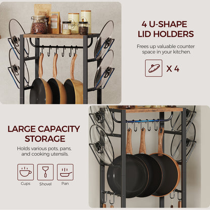 HOOBRO Freestanding Cookware Stand, Rustic Brown and Black POHR3001 4-Tier Pot Rack, Pots and Pans Organizer for Kitchen Corner,Kitchen Storage Rack with U-Shaped Lid Holders,Rustic Brown and Black