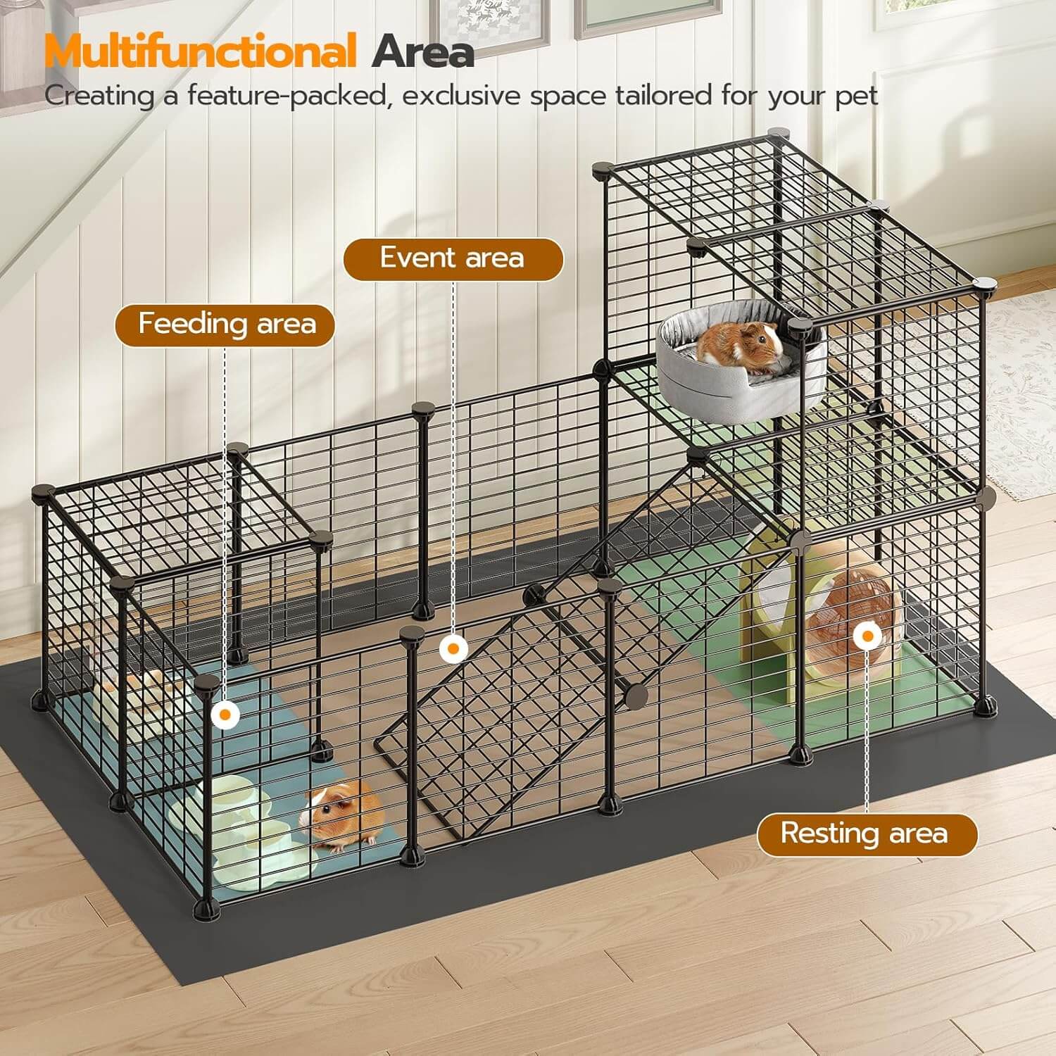 Pet playpen with labeled areas for event, feeding, and resting on a wooden floor.