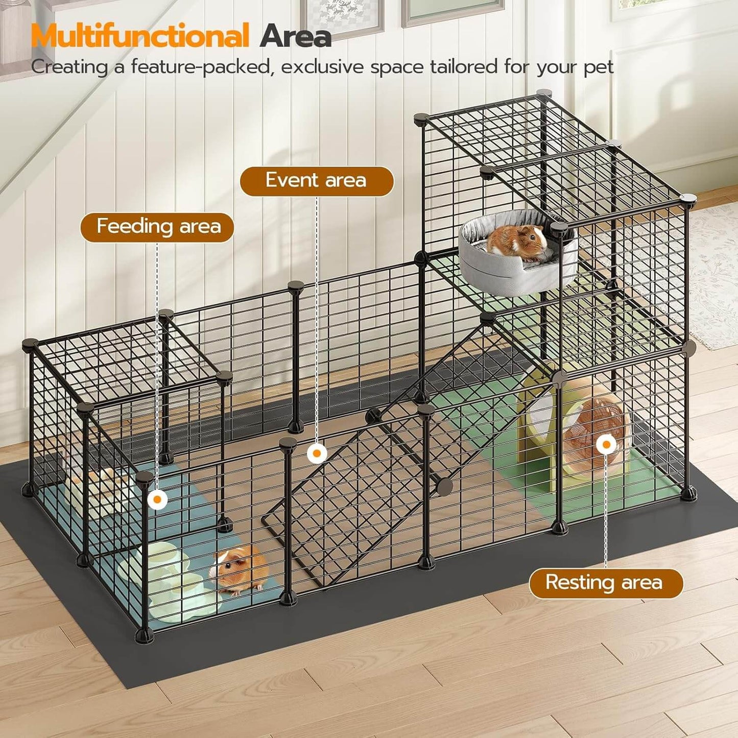 Pet playpen with labeled areas for event, feeding, and resting on a wooden floor.