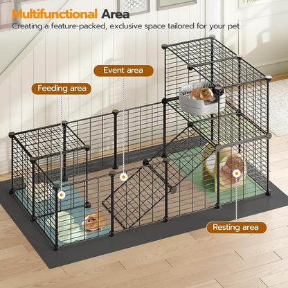 Pet playpen with labeled areas for event, feeding, and resting on a wooden floor.