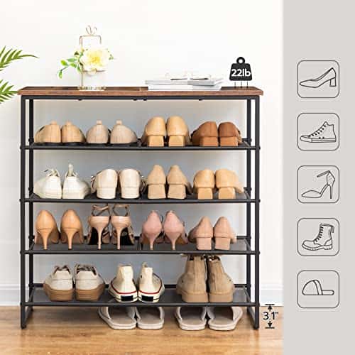 Shoe rack with various shoes on shelves in a room setting