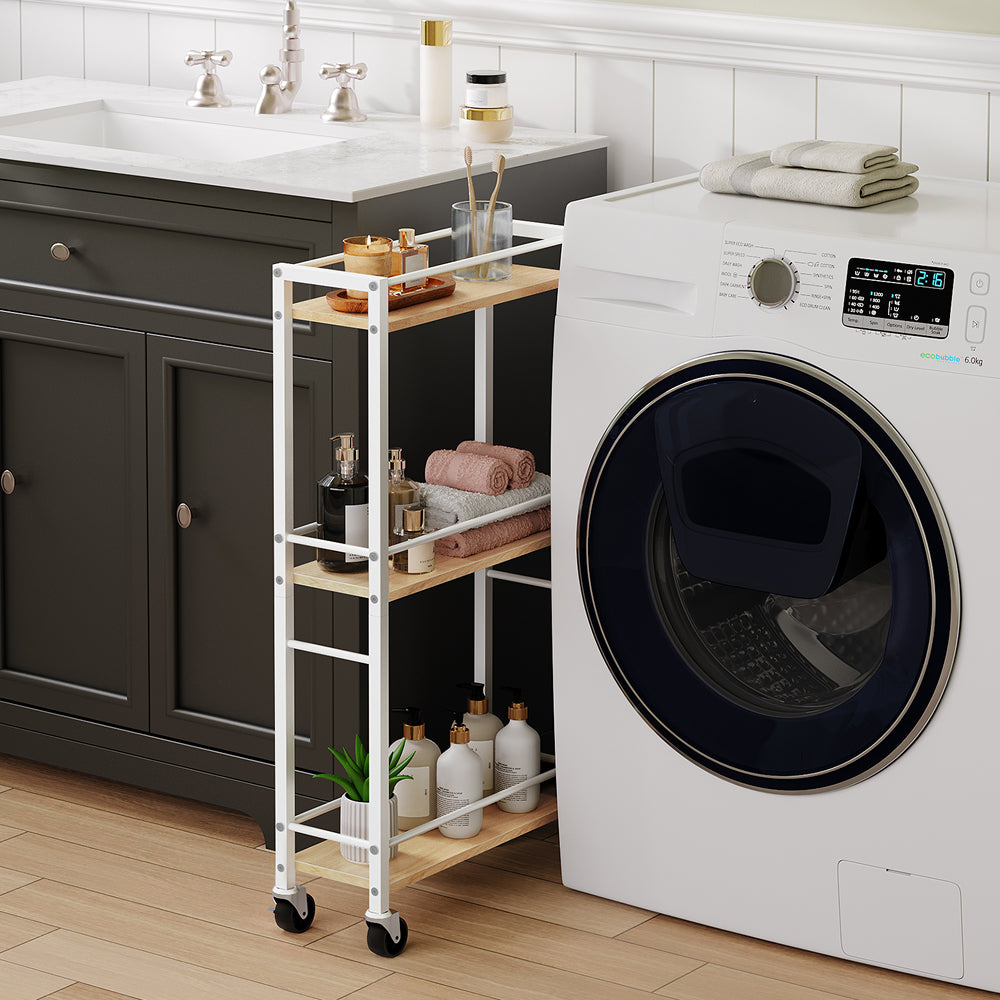 HOOBRO Slim Rolling Cart, Mobile Kitchen Cart on Wheels, Narrow Storage Cart for Small Space, Wooden Kitchen Storage Rack, for Bathroom, Laundry, Living Room, White