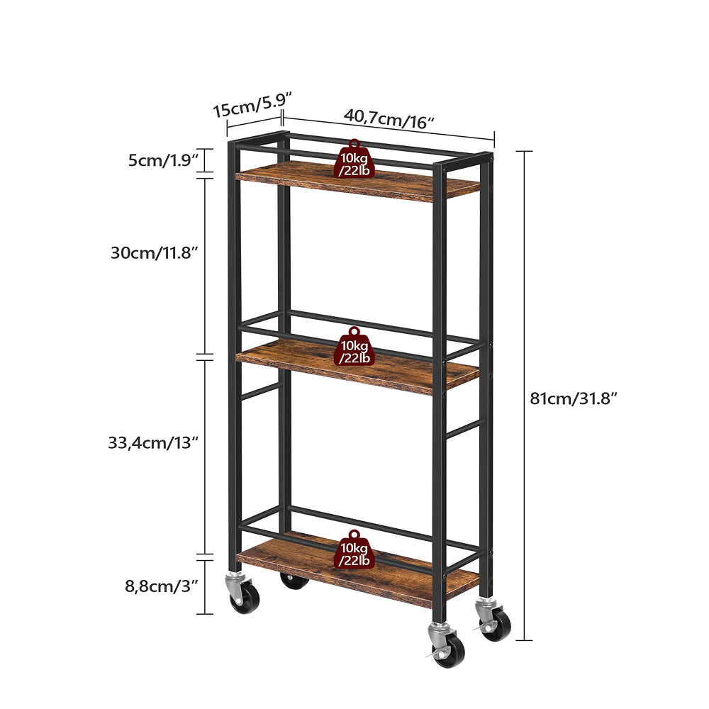 HOOBRO Slim Rolling Cart, Mobile Kitchen Cart on Wheels, Narrow Storage Cart for Small Space, Small Bar Cart, for Bathroom, Laundry, Living Room, Rustic Brown