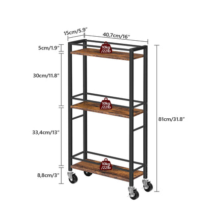 HOOBRO Slim Rolling Cart, Mobile Kitchen Cart on Wheels, Narrow Storage Cart for Small Space, Small Bar Cart, for Bathroom, Laundry, Living Room, Rustic Brown
