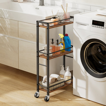 HOOBRO Slim Rolling Cart, Mobile Kitchen Cart on Wheels, Narrow Storage Cart for Small Space, Small Bar Cart, for Bathroom, Laundry, Living Room, Rustic Brown