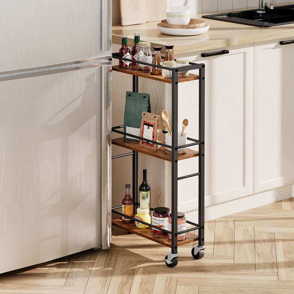 HOOBRO Slim Rolling Cart, Mobile Kitchen Cart on Wheels, Narrow Storage Cart for Small Space, Small Bar Cart, for Bathroom, Laundry, Living Room, Rustic Brown