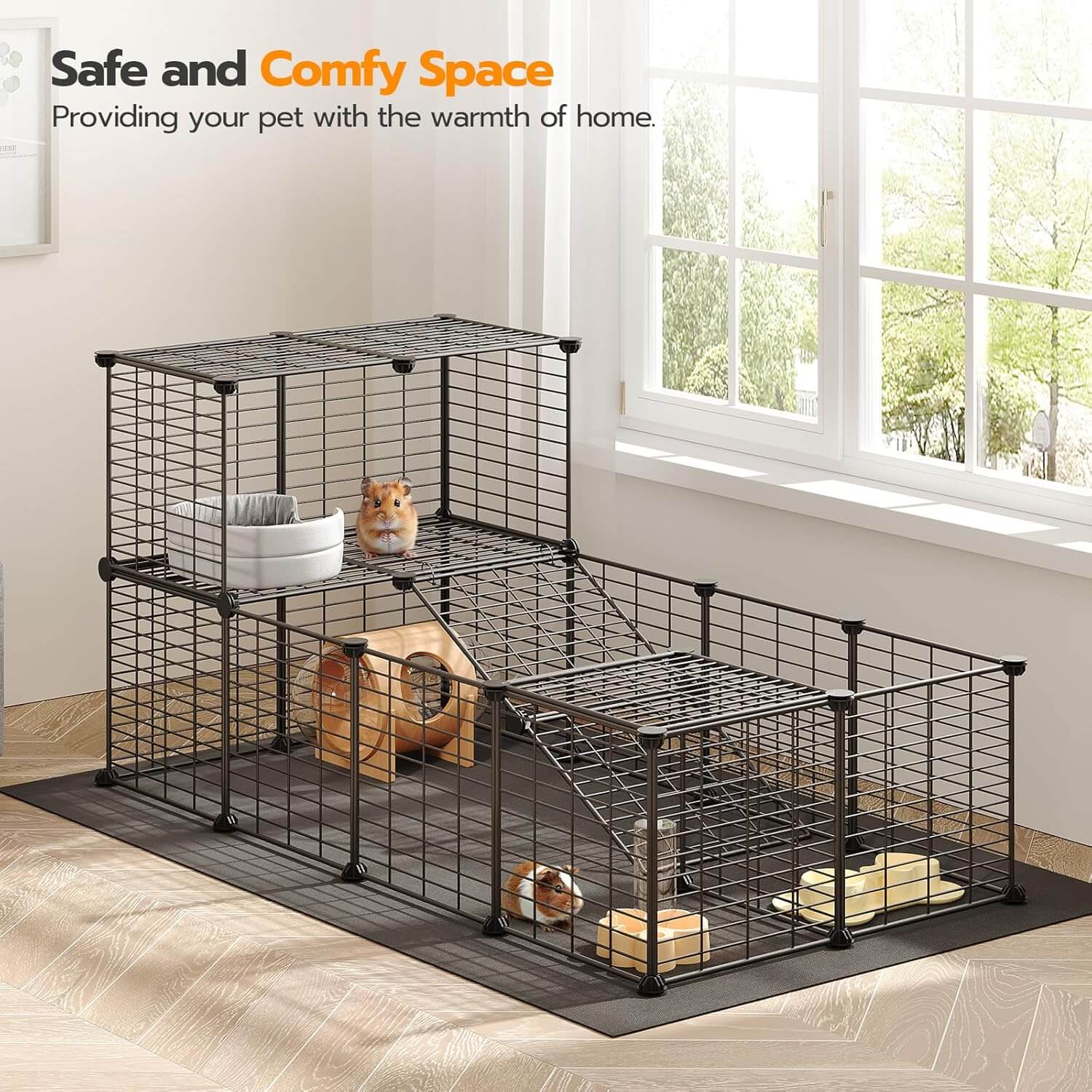Pet cage with small animals inside, placed on a wooden floor with a window in the background.