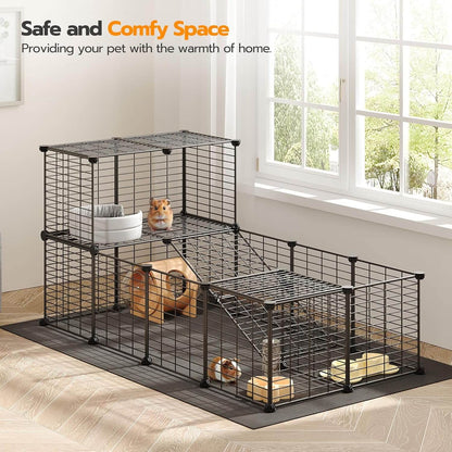 Pet cage with small animals inside, placed on a wooden floor with a window in the background.