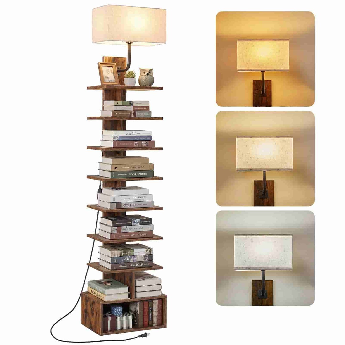 Wooden floor lamp with bookshelf and wall-mounted lamps on a white background