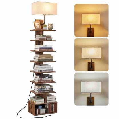 Wooden floor lamp with bookshelf and wall-mounted lamps on a white background
