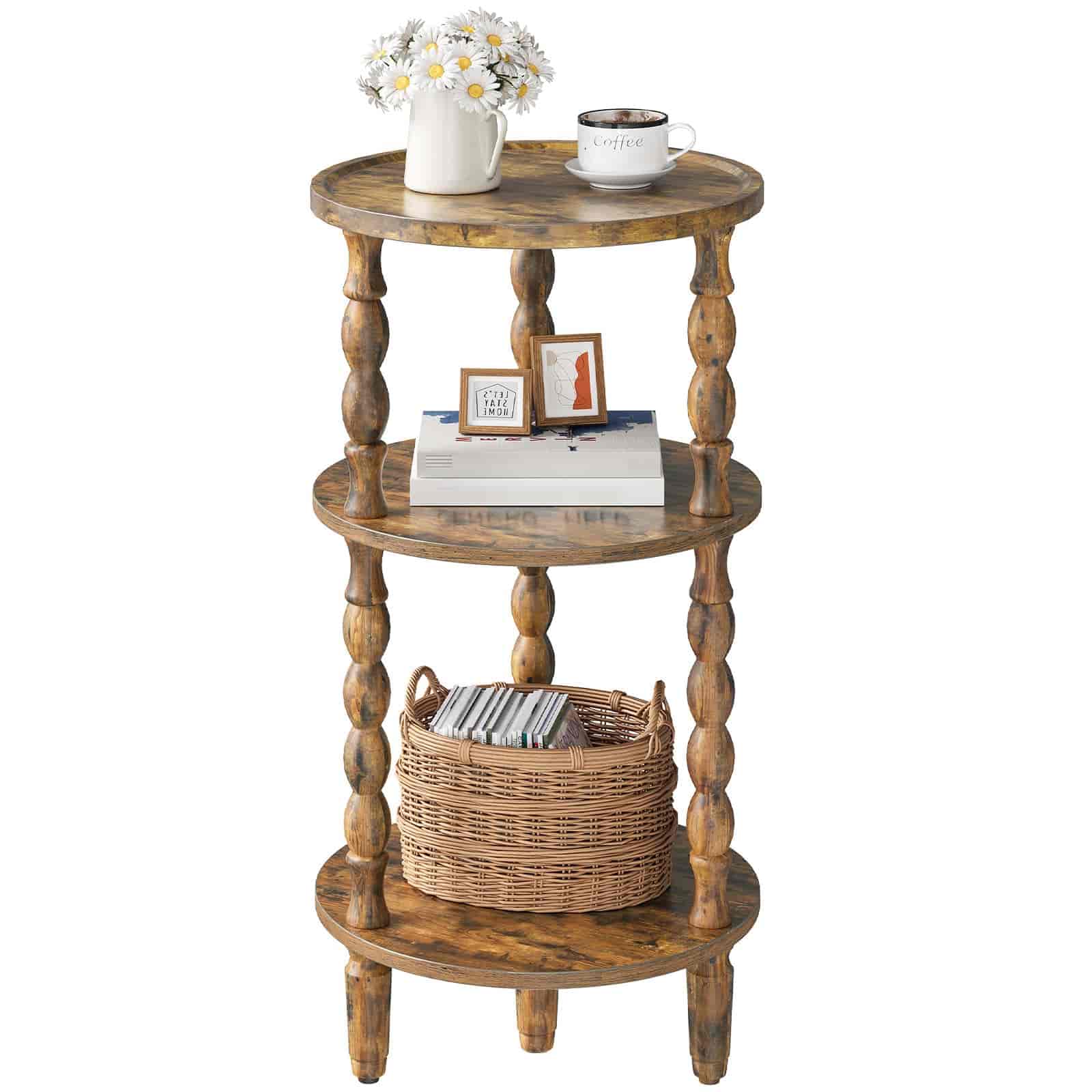 Wooden side table with three shelves, each holding different items on a white background