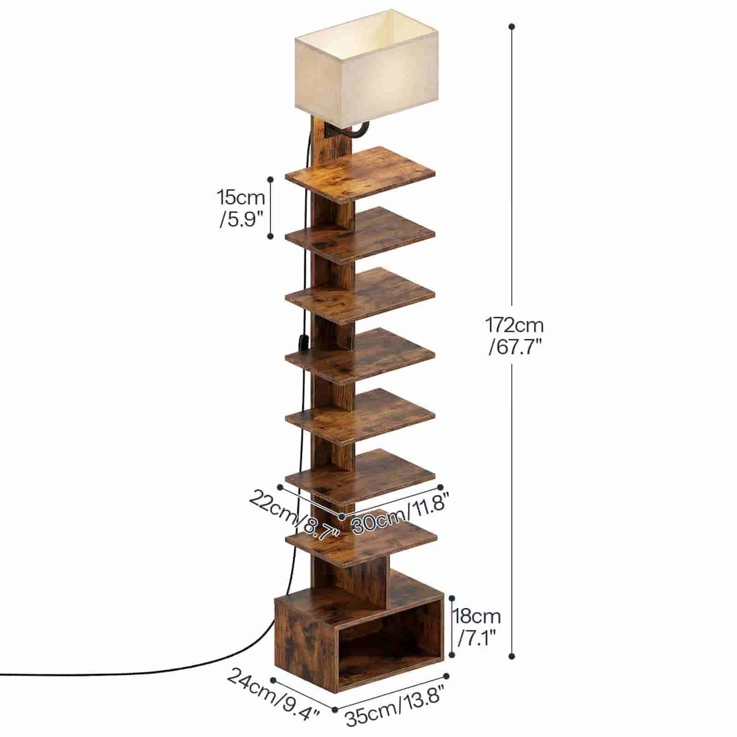 Wooden floor lamp with shelves and a lampshade, showing dimensions on a white background.