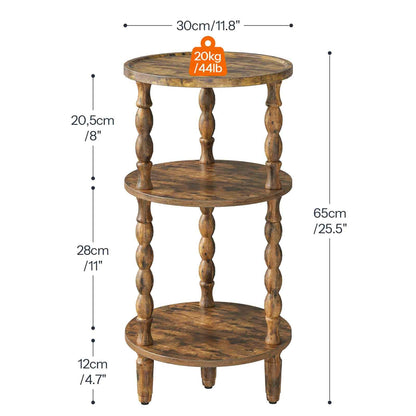 Wooden three-tiered plant stand with dimensions and weight label on a white background