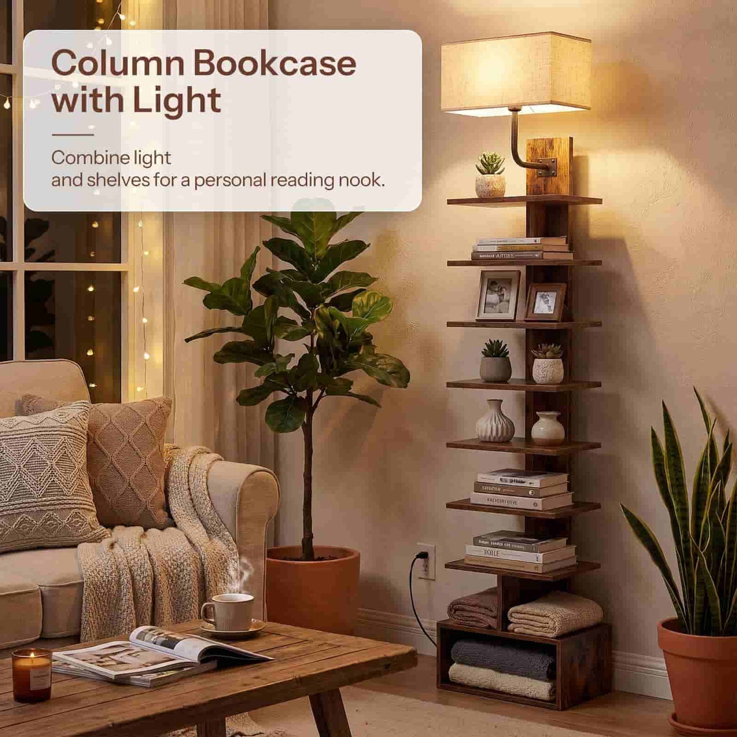 Living room with a column bookcase, lamp, and cozy decor.