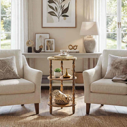 Living room with two beige armchairs, a small wooden table with decor items, and a lamp.