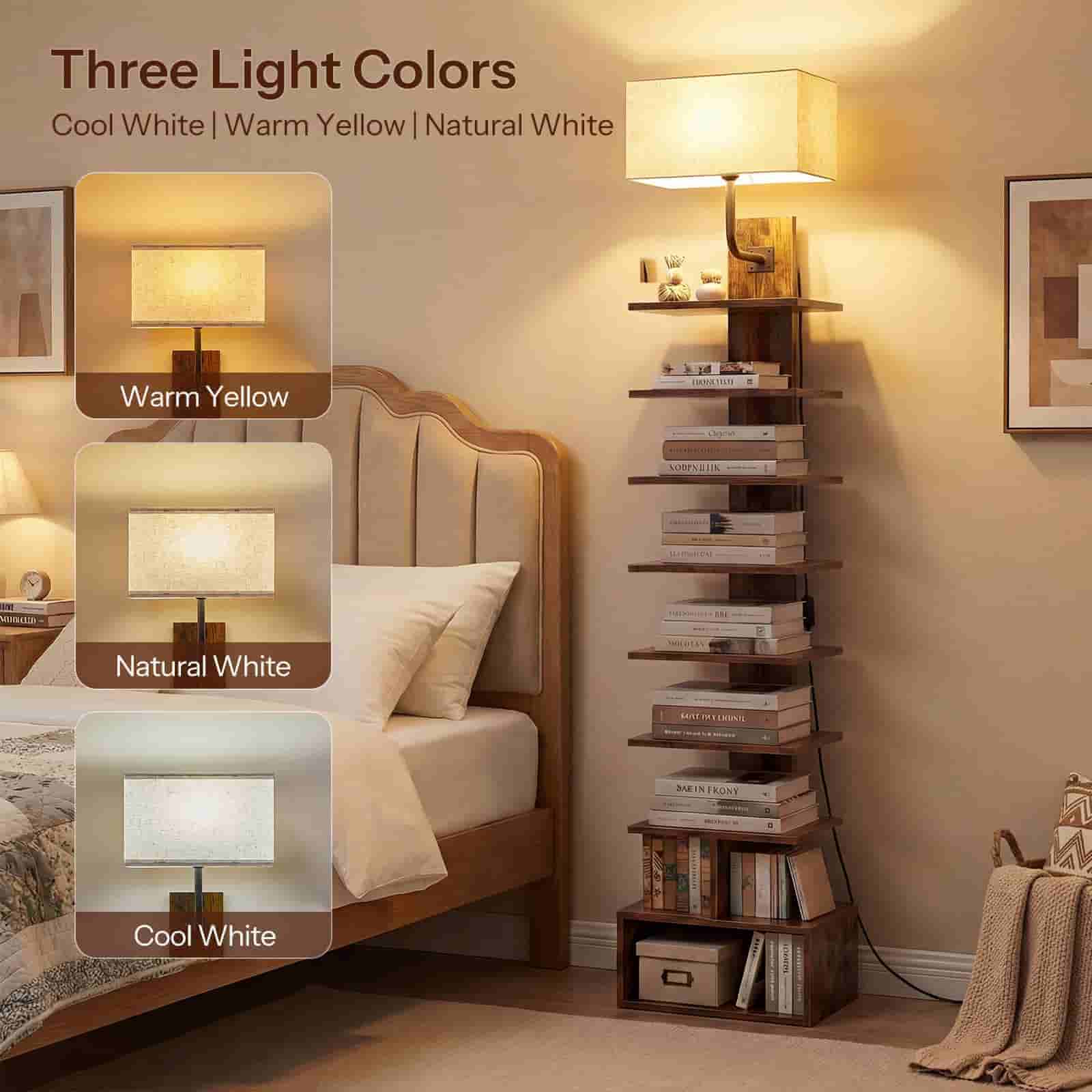 Bedroom with bookshelf and lamp showcasing three light color options.