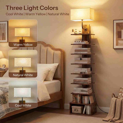 Bedroom with bookshelf and lamp showcasing three light color options.
