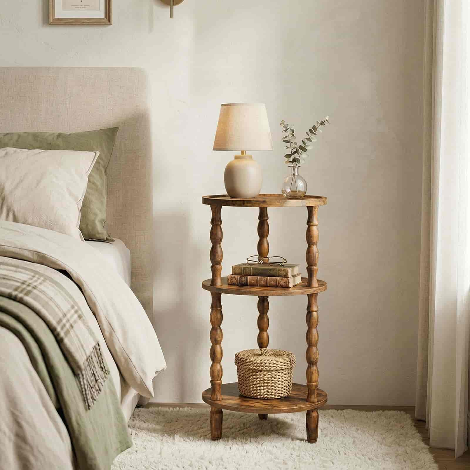 Wooden side table with lamp and decor items next to a bed in a bedroom.
