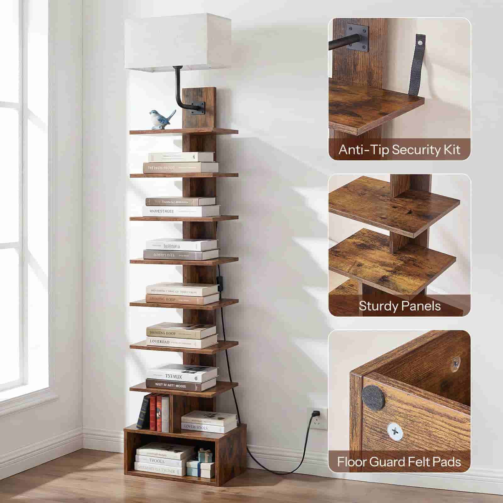 Tall wooden bookshelf with books against a white wall, featuring anti-tip security and sturdy panels.