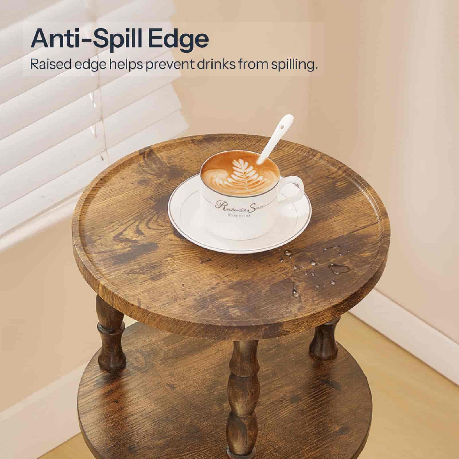 Wooden side table with a cup of coffee on a saucer, featuring 'Anti-Spill Edge' text.