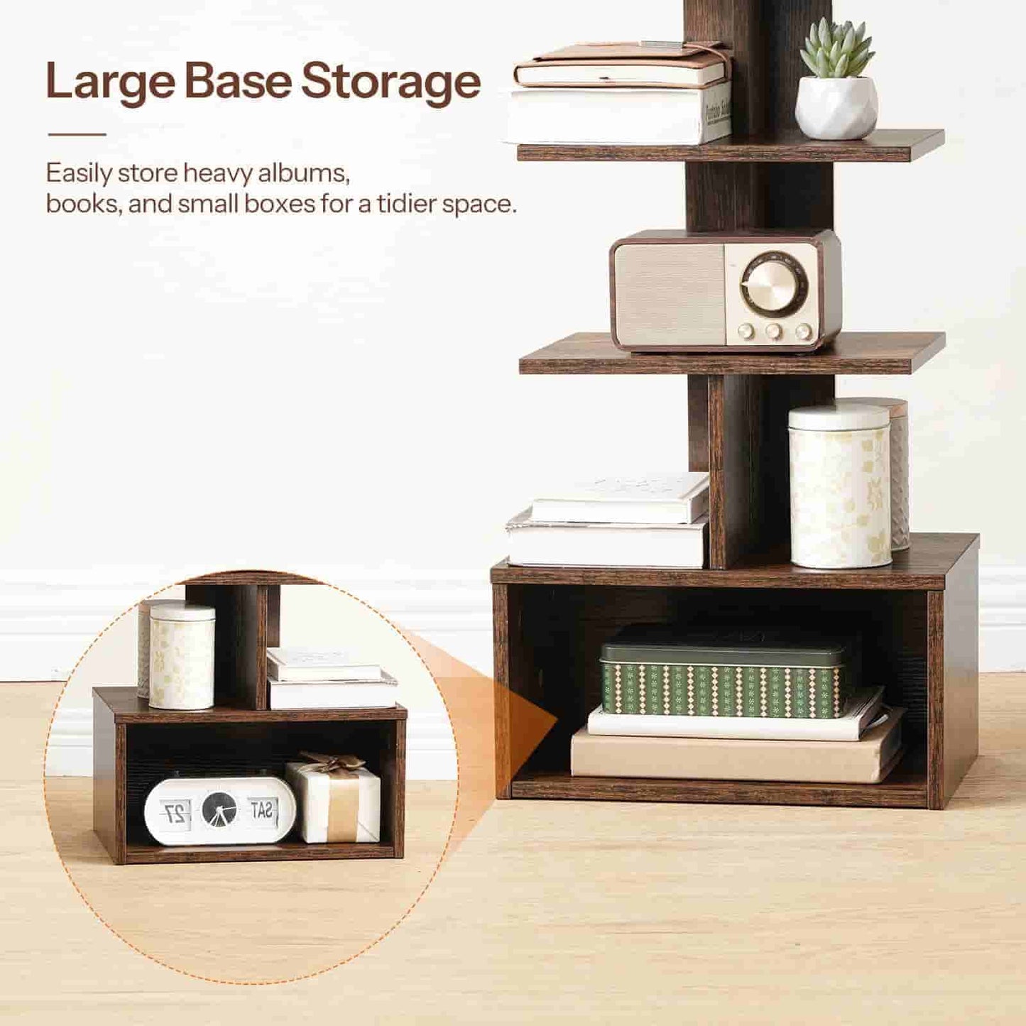 Wooden storage shelf with books, albums, and a radio on a light wood floor.