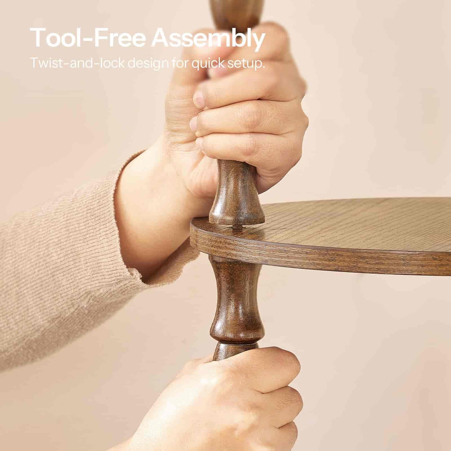 Person using a twist-and-lock design to assemble a wooden shelf.