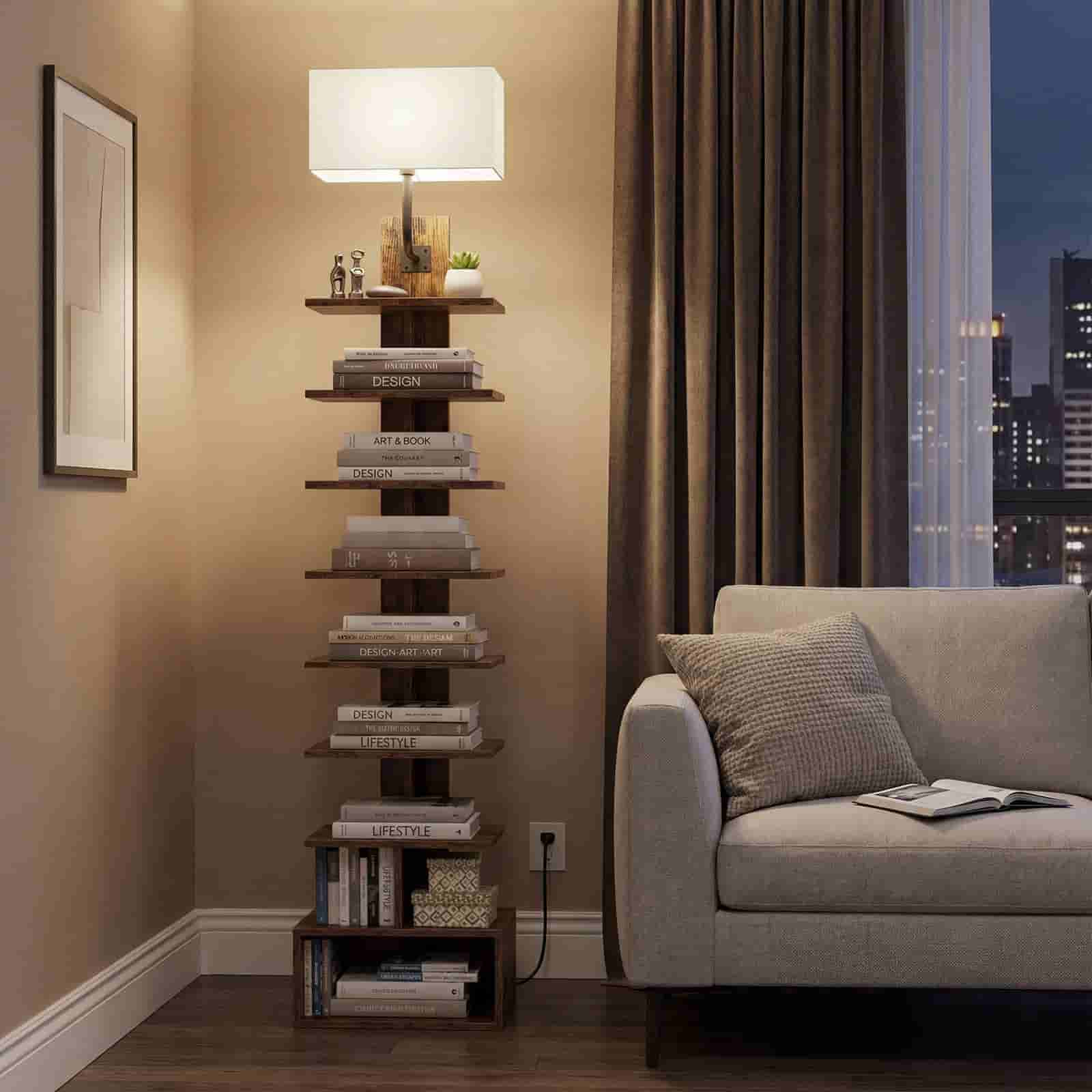 Tall bookshelf with books and a lamp in a living room setting.