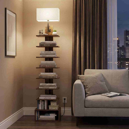Tall bookshelf with books and a lamp in a living room setting.