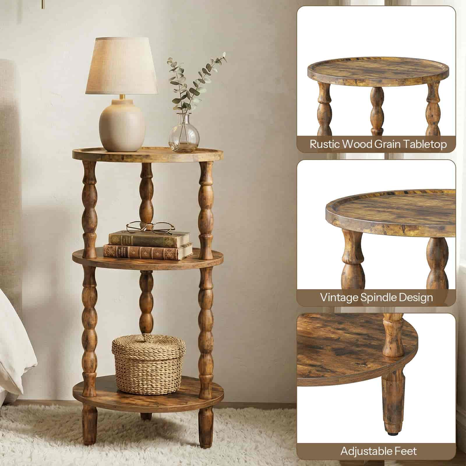 Wooden side table with lamp and decor items, shown with close-up details on a neutral background.