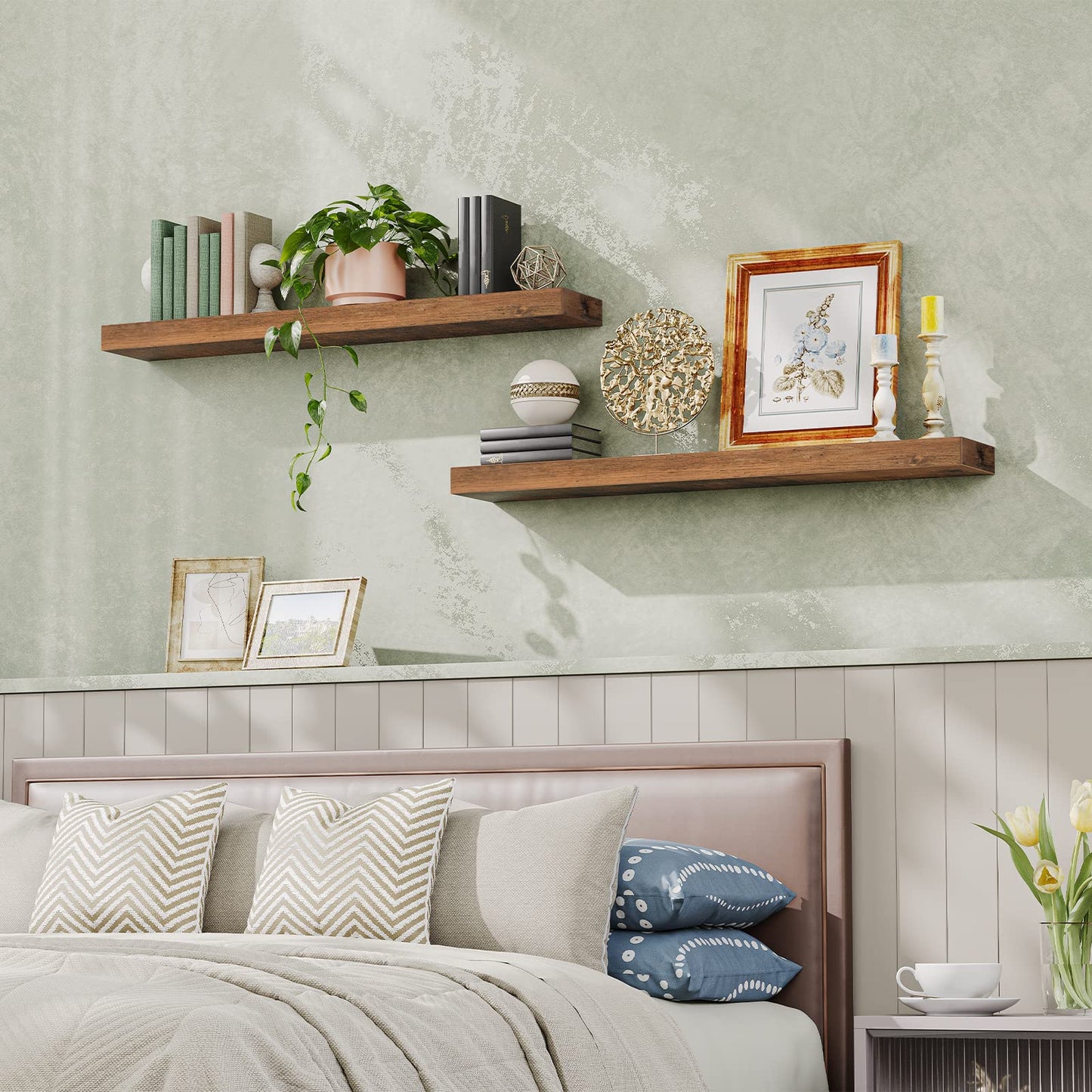 Decorative shelves above a bed with books, plants, and framed pictures.