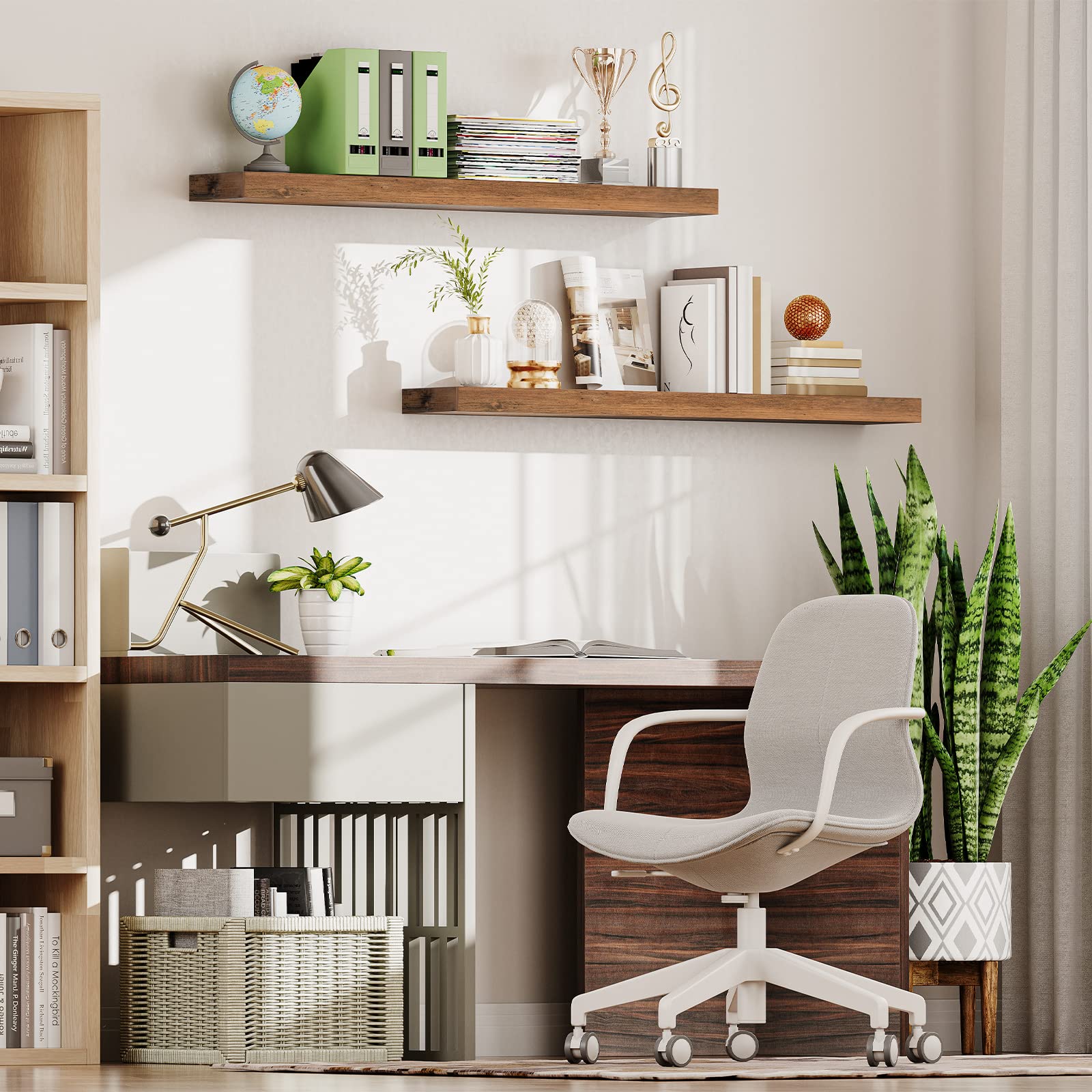 Home office with wooden desk, chair, shelves, and decor