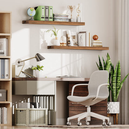 Home office with wooden desk, chair, shelves, and decor