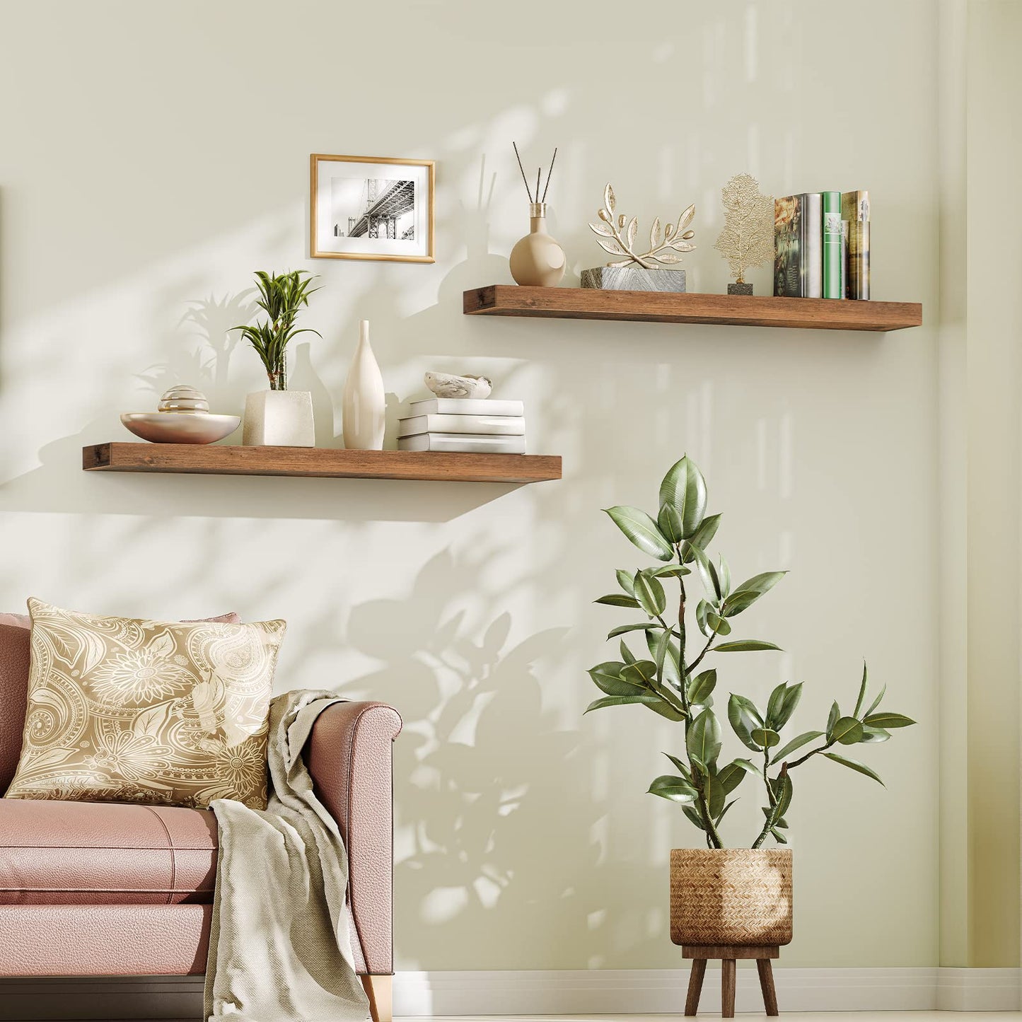 Living room with a pink sofa, wooden shelves, and decorative plants.