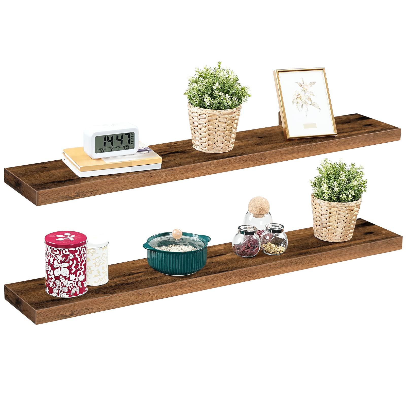 Wooden shelves with decorative items including plants, a clock, and jars on a white background