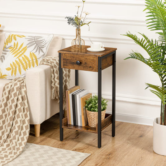 HOOBRO Tall Side Table with Drawers & Storage Shelves