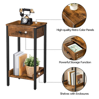 HOOBRO Tall Side Table with Drawers & Storage Shelves